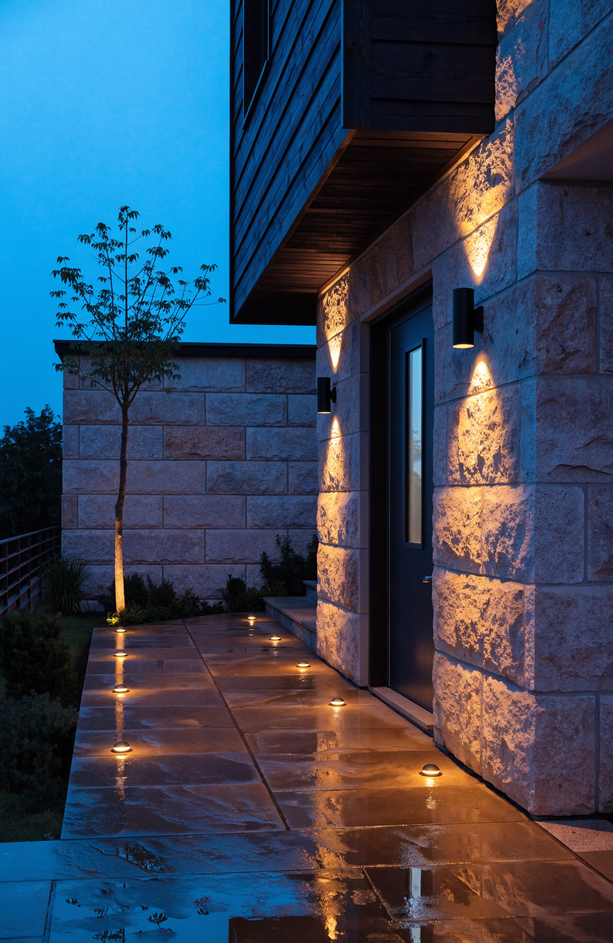 Front of a modern house at blue hour with path lights, wall sconces flanking the door and uplit tree