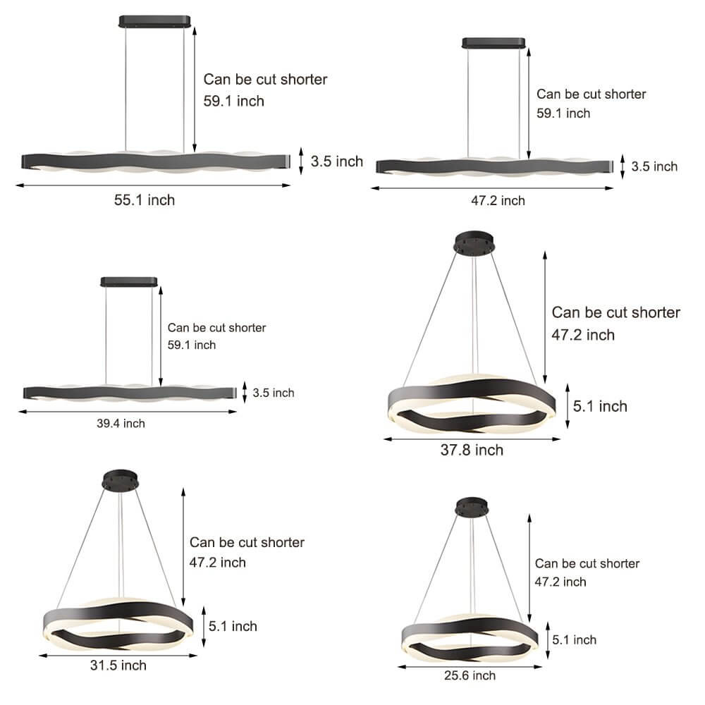 Wavy Pendant Light, Black Stainless Steel and Acrylic LED Ceiling Light for Dining Room, Linear