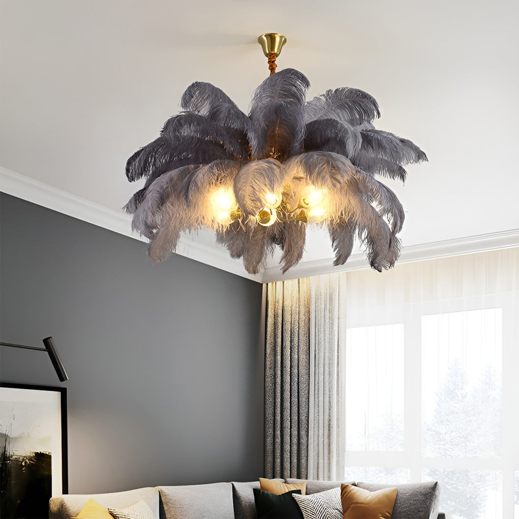 Copper frame feather chandelier, fourth product view