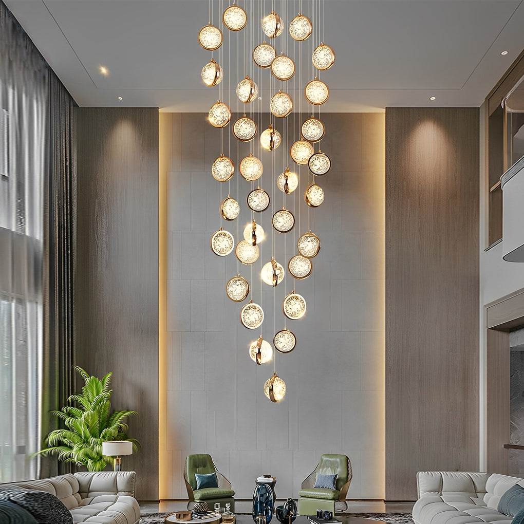 Crystal Globe Cluster Chandelier, Long Cascading Ceiling Light for Staircases and Double-Height Foyers, Hand-Finished Glass