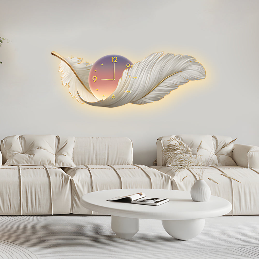 Feather Wall Lamp with Clock, Modern LED Backlit Art Panel for Living Rooms and Bedrooms, Embossed Texture in Three Colors