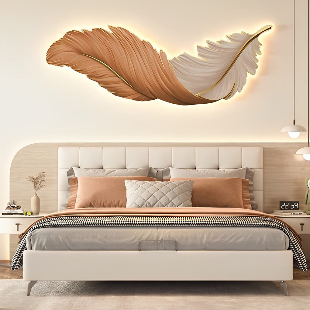 Backlit Feather Wall Art Lamp, LED Illuminated Wall Decor with Remote for Living Room and Bedroom, Modern Luxury Light Painting