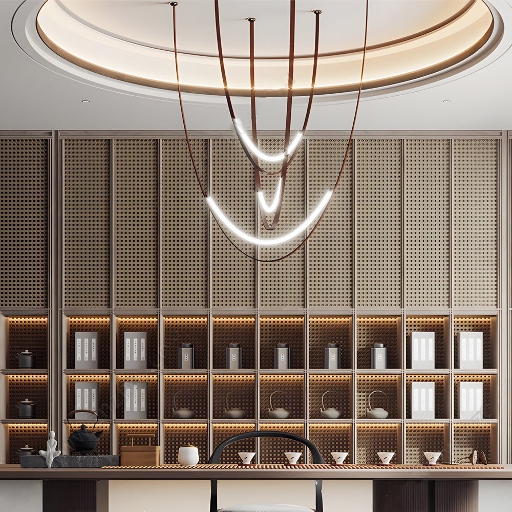 Iron and leather belt staircase pendant light, fourth product view