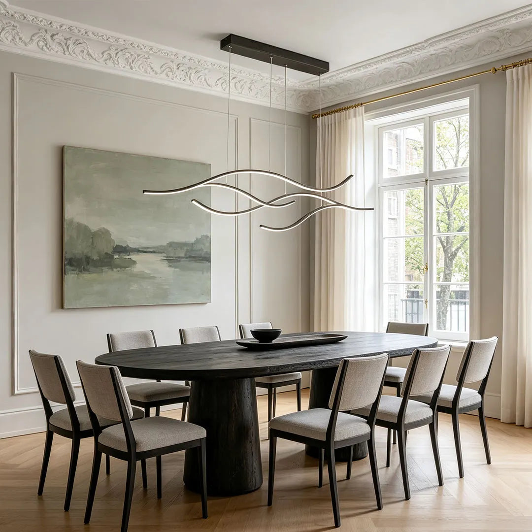 Curved LED Pendant Light, Wavy Linear Chandelier for Kitchen Island and Dining Table, Dimmable Modern Ceiling Light in Black, Gold or Chrome