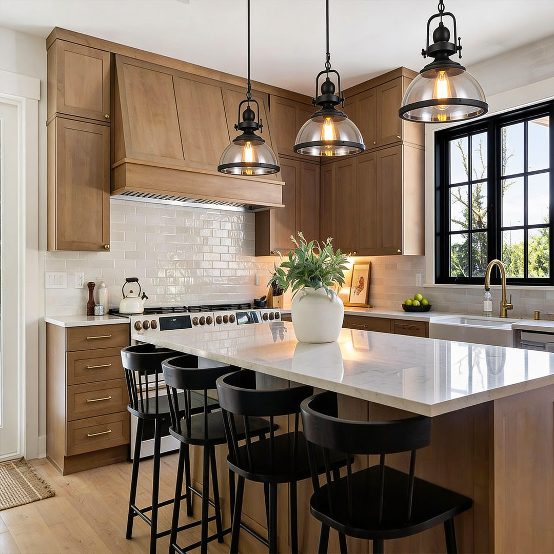 Clear Glass Pendant Light, Industrial Bowl-Shade Ceiling Fixture for Kitchens and Dining Rooms, Black Iron Frame Detail