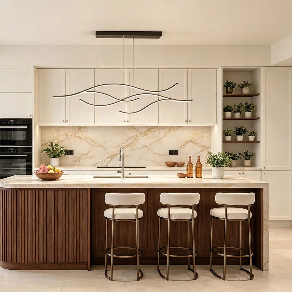 Curved LED pendant light fixture, third product view