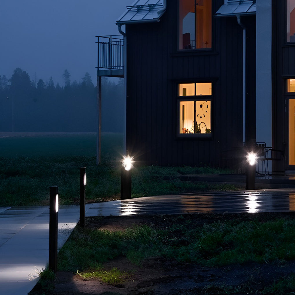 Black Pathway Bollard Light, Modern Aluminum LED Post Lamp for Garden Walks and Courtyards, Sculptural Round Halo Cutout