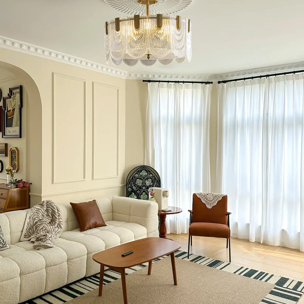 Round copper glass chandelier shown from another angle