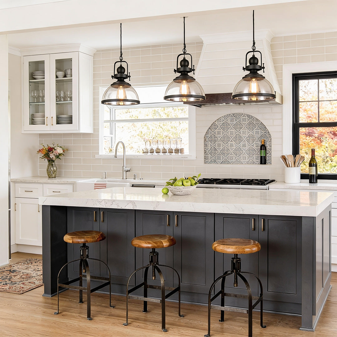 Clear Glass Pendant Light, Industrial Bowl-Shade Ceiling Fixture for Kitchens and Dining Rooms, Black Iron Frame Detail