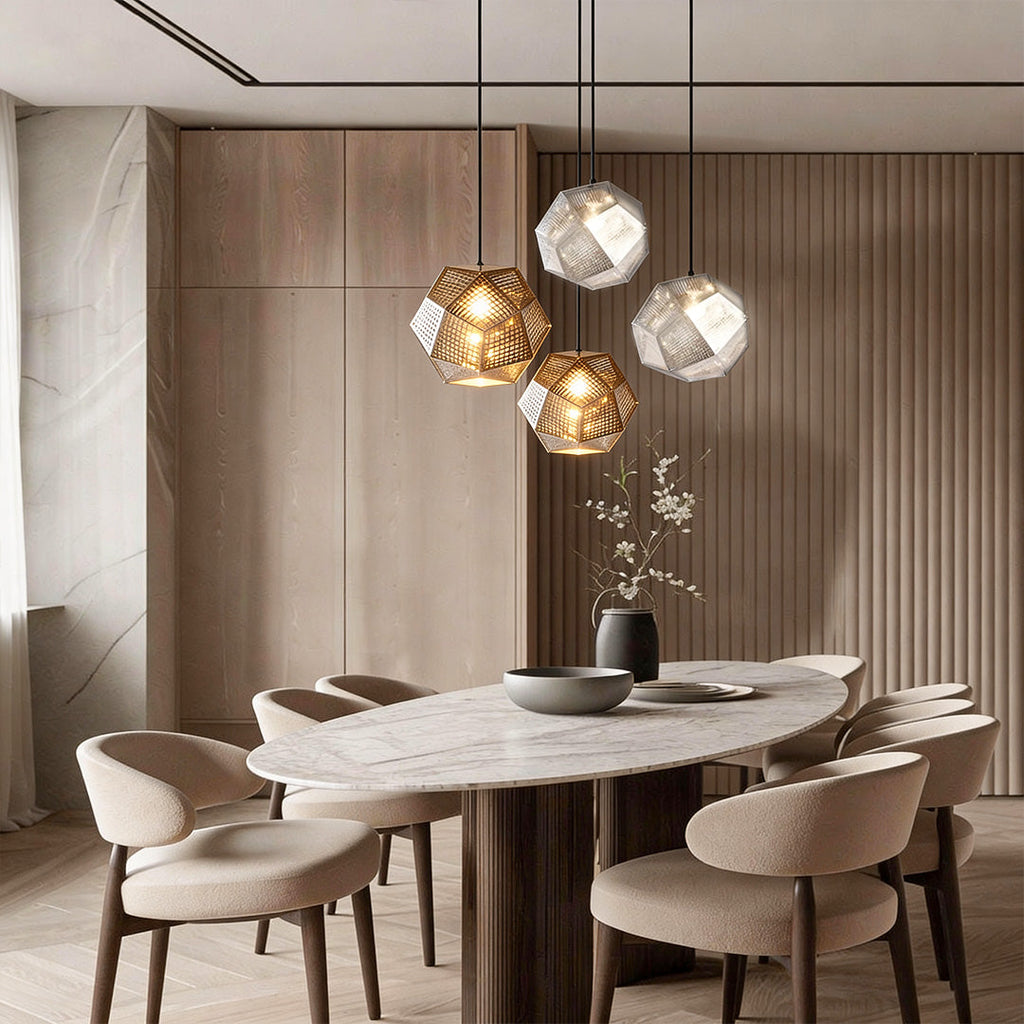 Geometric Metal Pendant Light, Perforated Stainless Steel Ceiling Lamp for Dining Room and Kitchen, Electroplated Metallic Finishes