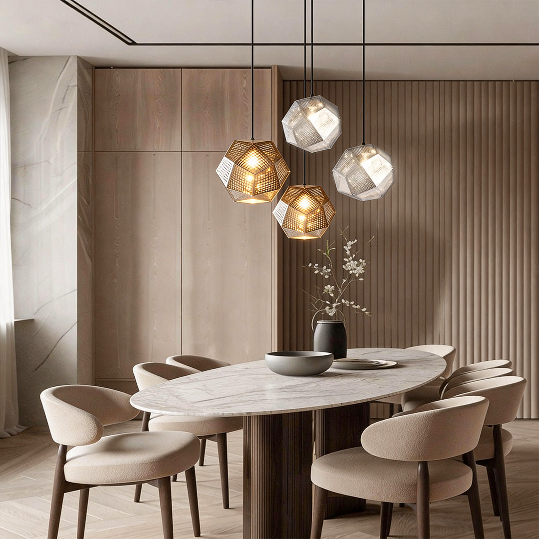 Geometric Metal Pendant Light, Perforated Stainless Steel Ceiling Lamp for Dining Room and Kitchen, Electroplated Metallic Finishes