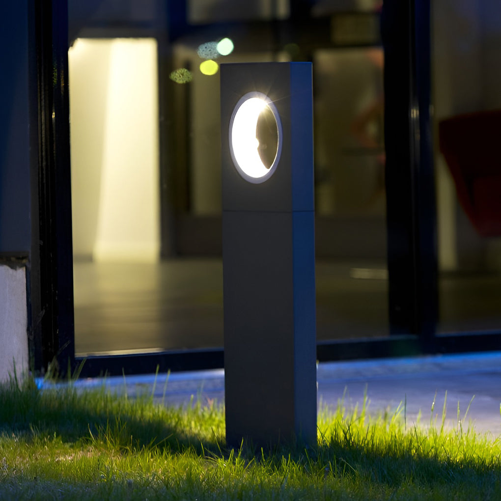 Black Pathway Bollard Light, Modern Aluminum LED Post Lamp for Garden Walks and Courtyards, Sculptural Round Halo Cutout