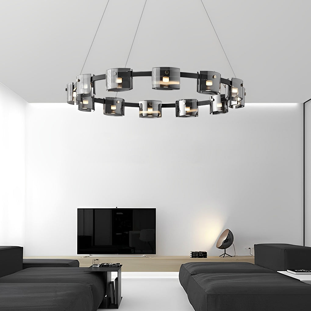 Black metal glass ring wagon wheel chandelier, third product view