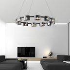 Black metal glass ring wagon wheel chandelier, third product view