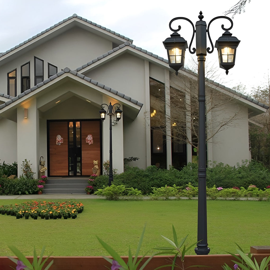European Outdoor Lamp Post, Classic Black Aluminum Post Light for Driveways, Gardens, and Front Walks, Glass Lantern with E27 LED
