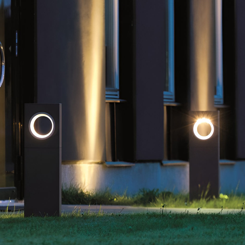 Black Pathway Bollard Light, Modern Aluminum LED Post Lamp for Garden Walks and Courtyards, Sculptural Round Halo Cutout