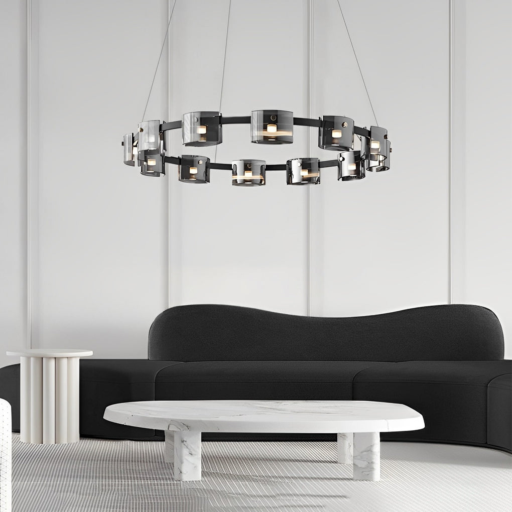 Black metal glass ring wagon wheel chandelier, sixth product view