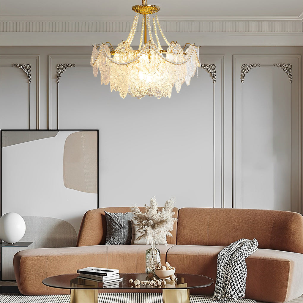 Electroplated metal and glass tiered French chandelier, second view