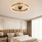 Five-blade ceiling fan with light in a bright bedroom