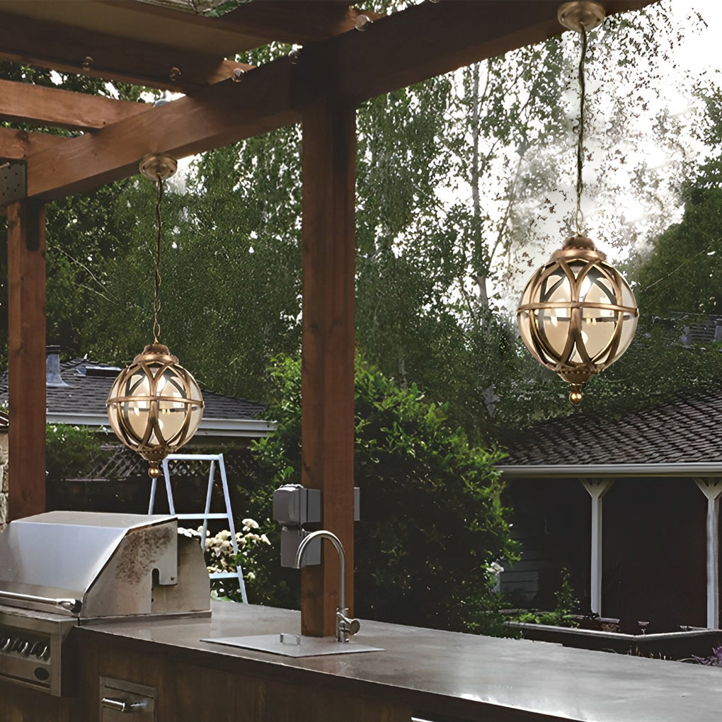 Globe Pendant Light, Retro Metal Orb Moisture-Proof Ceiling Fixture for Porch and Courtyard, 3000K Warm LED in Black or Bronze