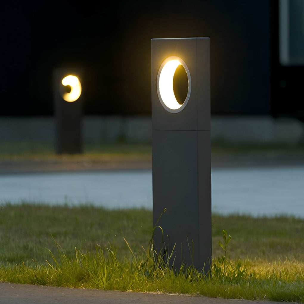 Black Pathway Bollard Light, Modern Aluminum LED Post Lamp for Garden Walks and Courtyards, Sculptural Round Halo Cutout