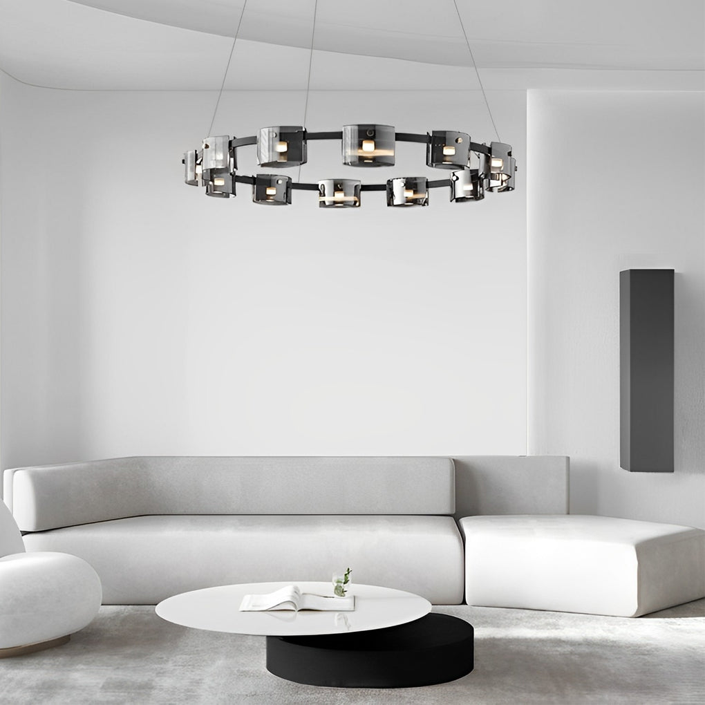 Black metal glass ring wagon wheel chandelier, fifth product view