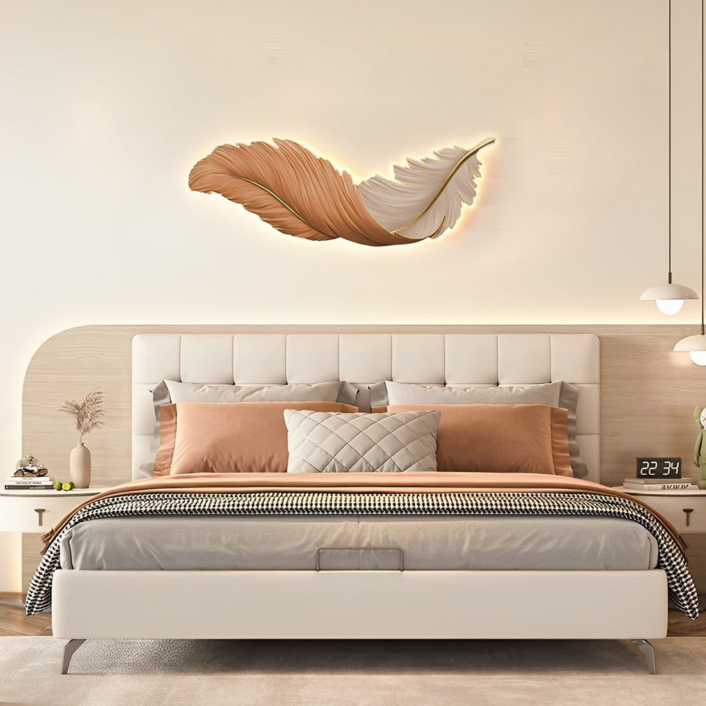 Backlit Feather Wall Art Lamp, LED Illuminated Wall Decor with Remote for Living Room and Bedroom, Modern Luxury Light Painting