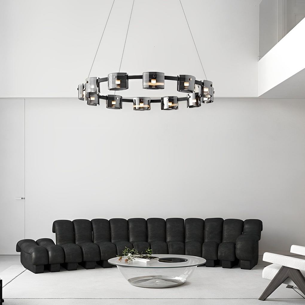 Black metal glass ring wagon wheel chandelier, fourth product view