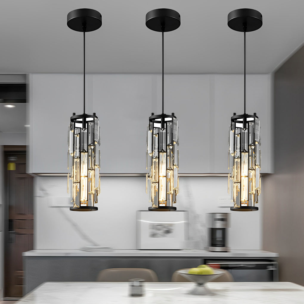 Mini Crystal Pendant Light, Industrial Iron and Crystal Glass Hanging Light for Kitchen Island and Bar, 1 or 3-Light in Black, Gold or Chrome