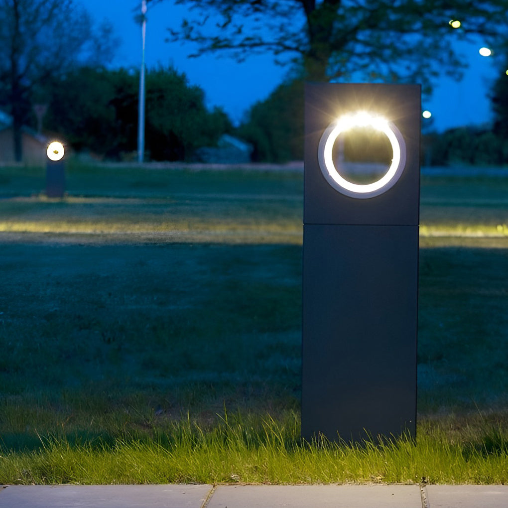 Black Pathway Bollard Light, Modern Aluminum LED Post Lamp for Garden Walks and Courtyards, Sculptural Round Halo Cutout
