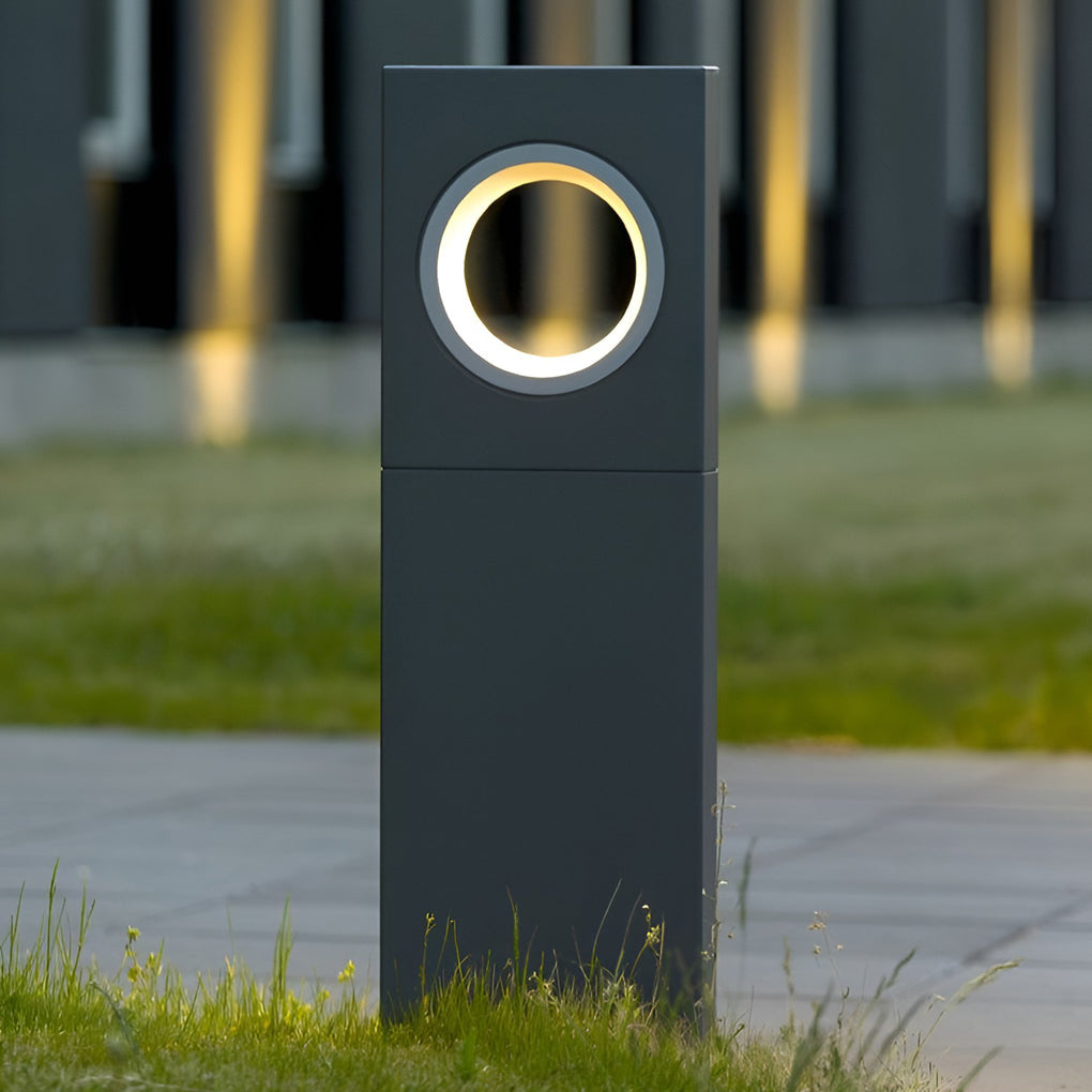 Black Pathway Bollard Light, Modern Aluminum LED Post Lamp for Garden Walks and Courtyards, Sculptural Round Halo Cutout