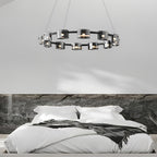 Black metal glass ring wagon wheel chandelier, main product view