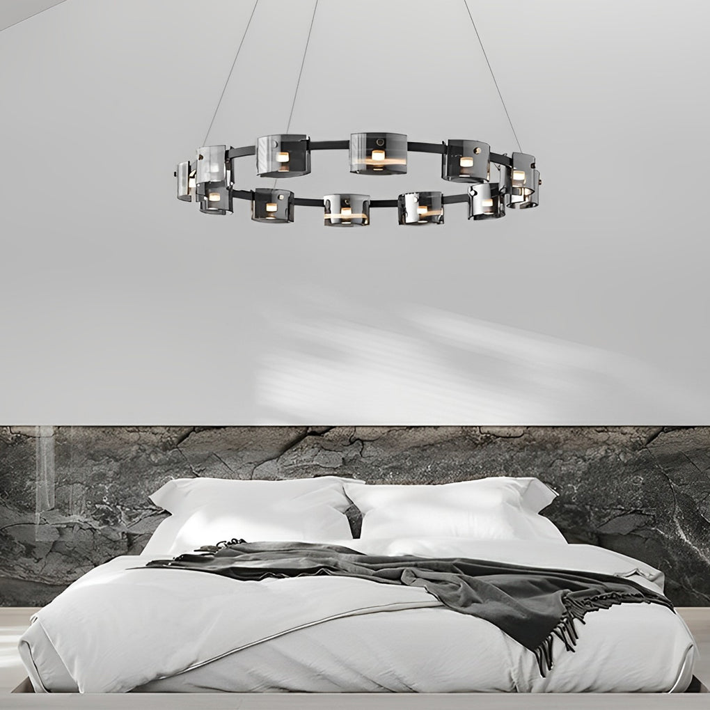 Black metal glass ring wagon wheel chandelier, main product view