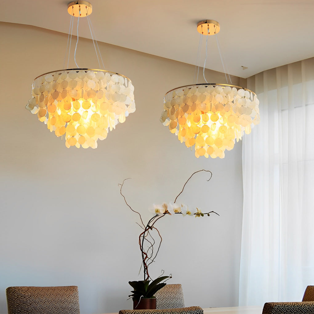 Round shell disc chandelier shown from another angle