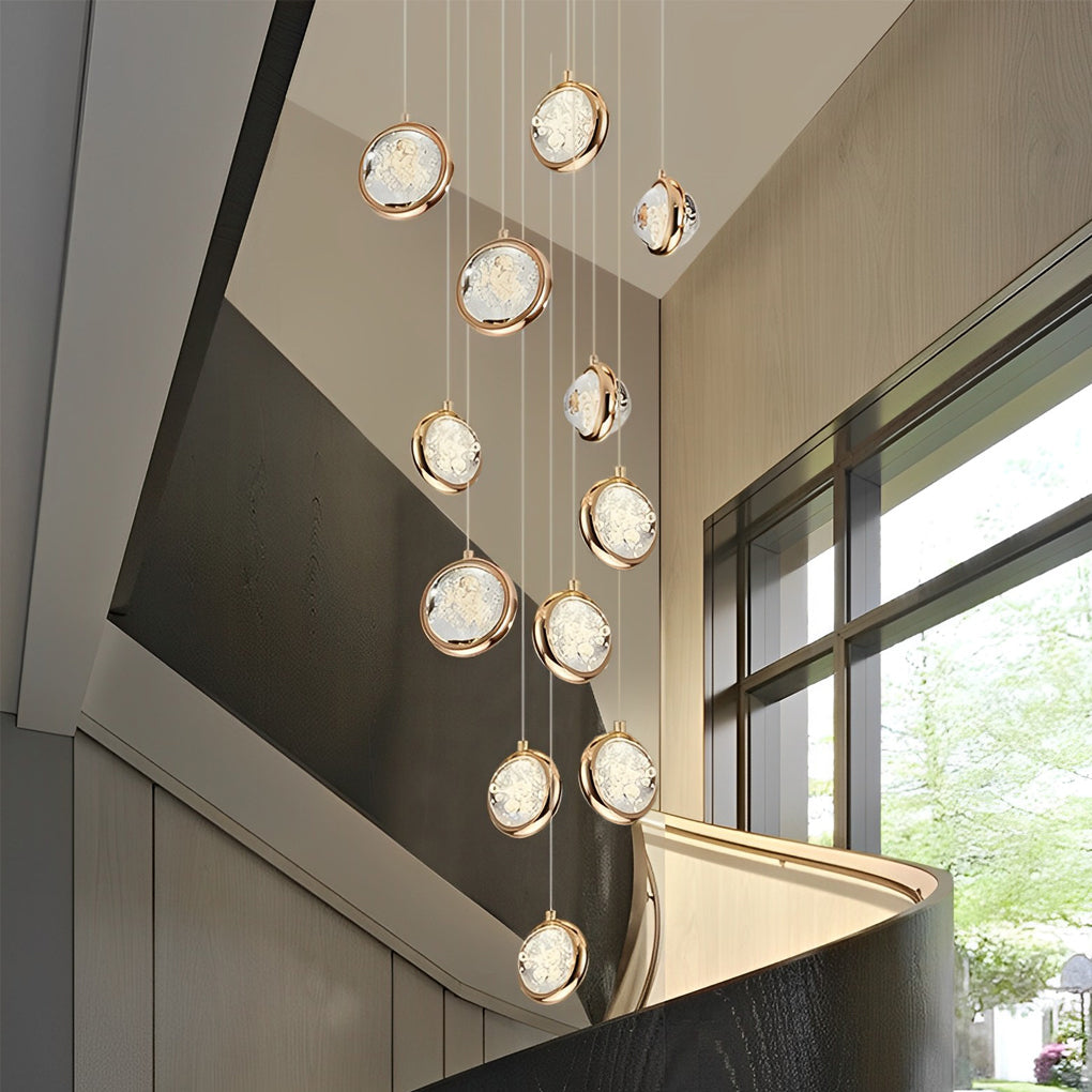 Crystal Globe Cluster Chandelier, Long Cascading Ceiling Light for Staircases and Double-Height Foyers, Hand-Finished Glass
