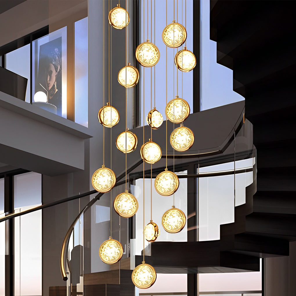 Crystal Globe Cluster Chandelier, Long Cascading Ceiling Light for Staircases and Double-Height Foyers, Hand-Finished Glass