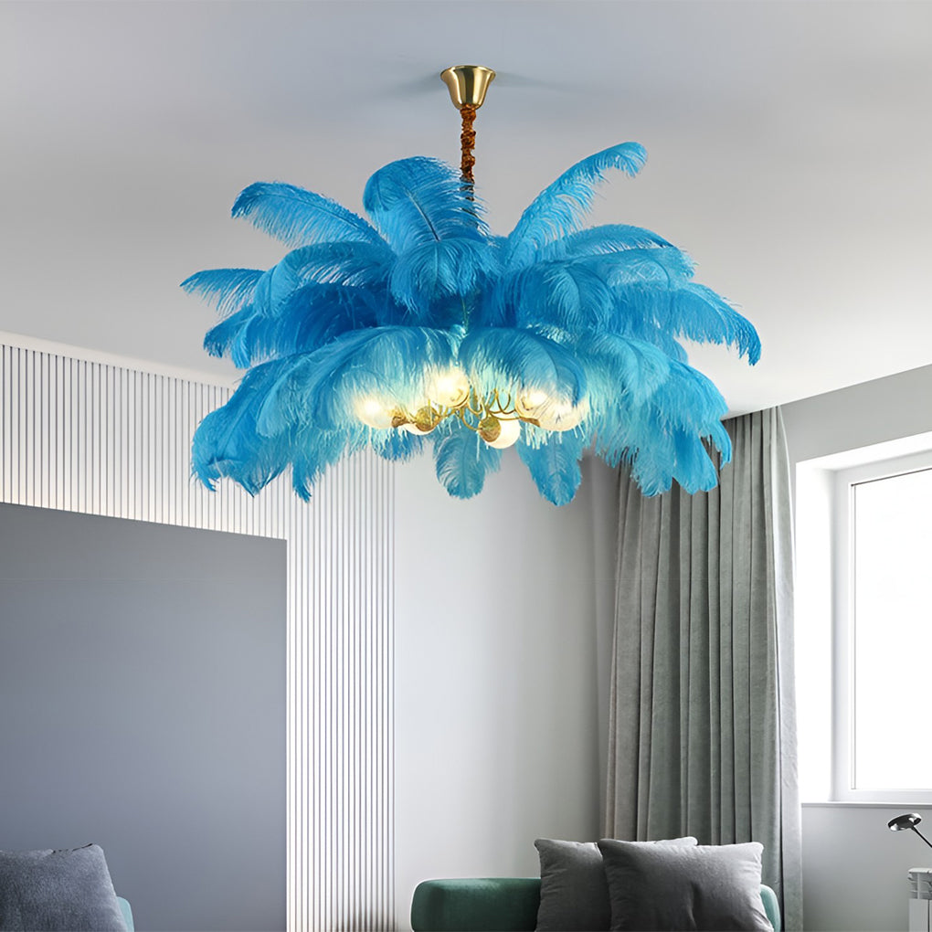 Copper frame feather chandelier, third product view