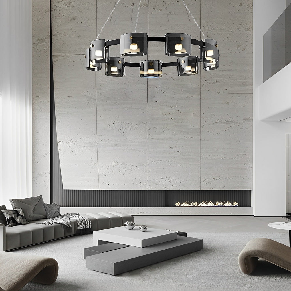 Black metal glass ring wagon wheel chandelier, second product view