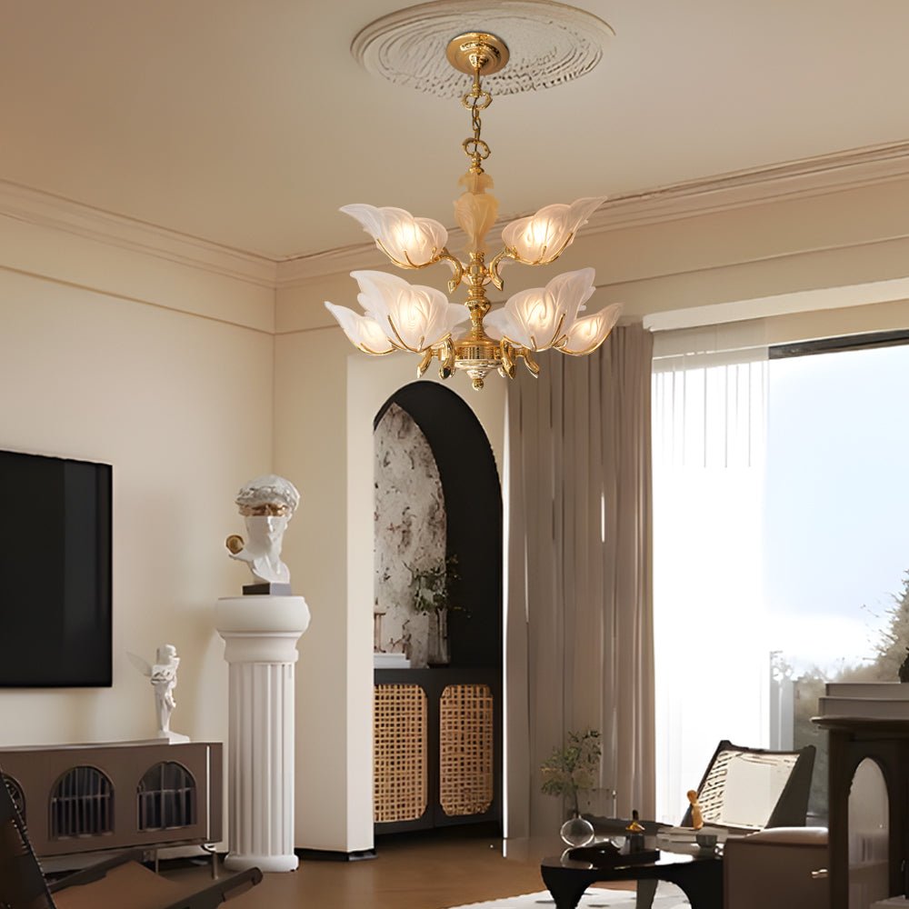 Brass Italian chandelier with glass leaves, main product view