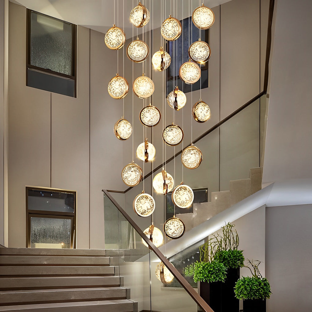 Crystal Globe Cluster Chandelier, Long Cascading Ceiling Light for Staircases and Double-Height Foyers, Hand-Finished Glass