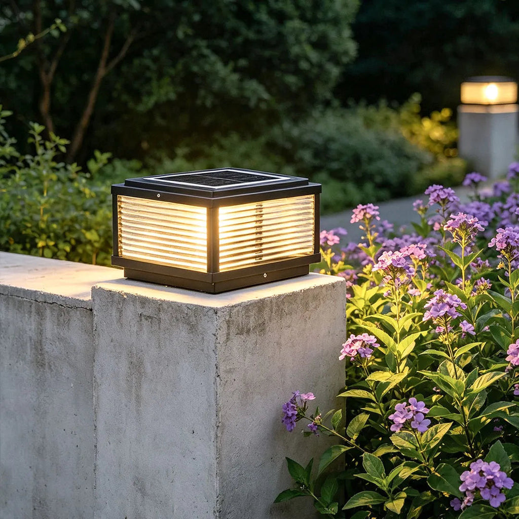 Square Pillar Post Light, Ribbed Glass and Stainless Steel Column Lantern for Gate Posts and Driveways, Solar or Hardwired