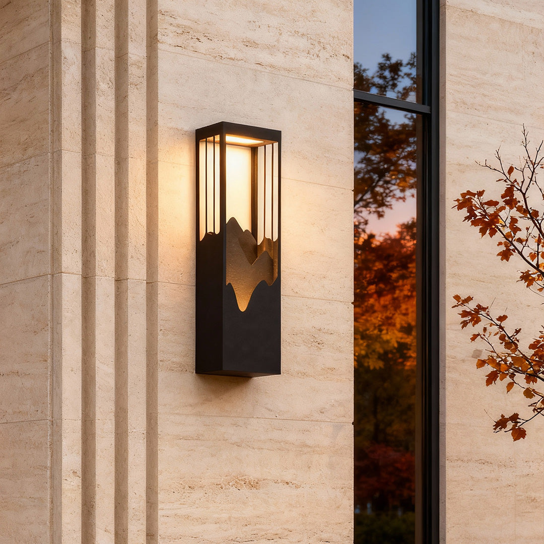 Mountain Scenery Outdoor Wall Light, Sculptural Up Down LED Solar Porch Lamp for Entryways and Garden Walls, Waterproof Layered Design