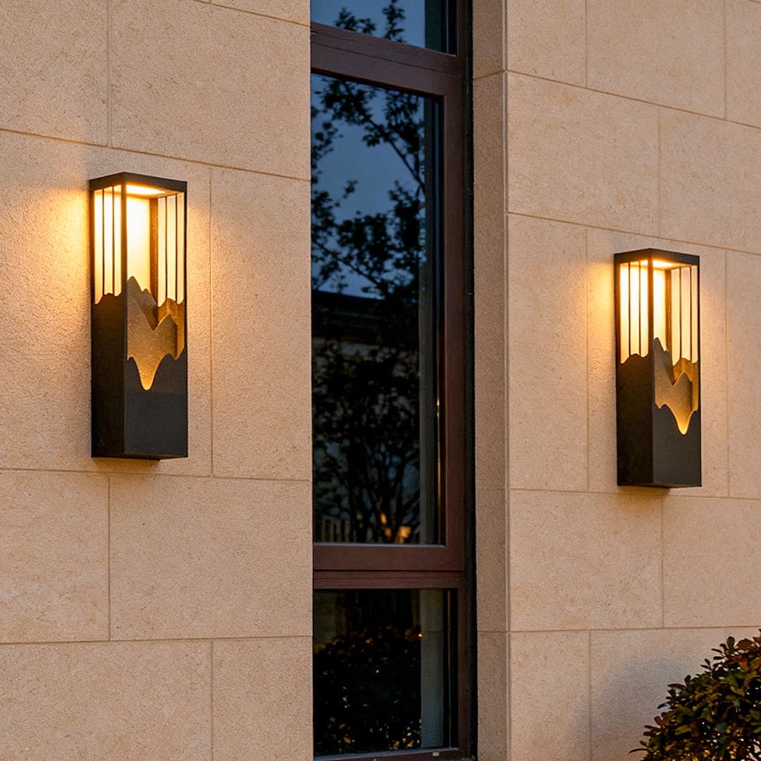 Mountain Scenery Outdoor Wall Light, Sculptural Up Down LED Solar Porch Lamp for Entryways and Garden Walls, Waterproof Layered Design