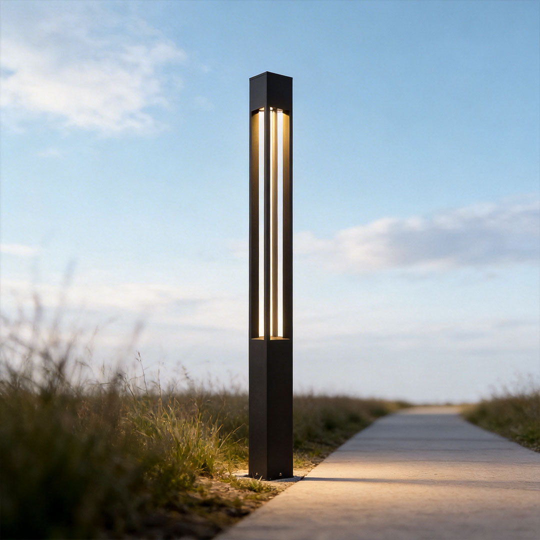 LED Bollard Path Lights, Die-Cast Aluminum Modern Black Landscape Columns for Driveways and Grounds, Round or Square in Five Heights