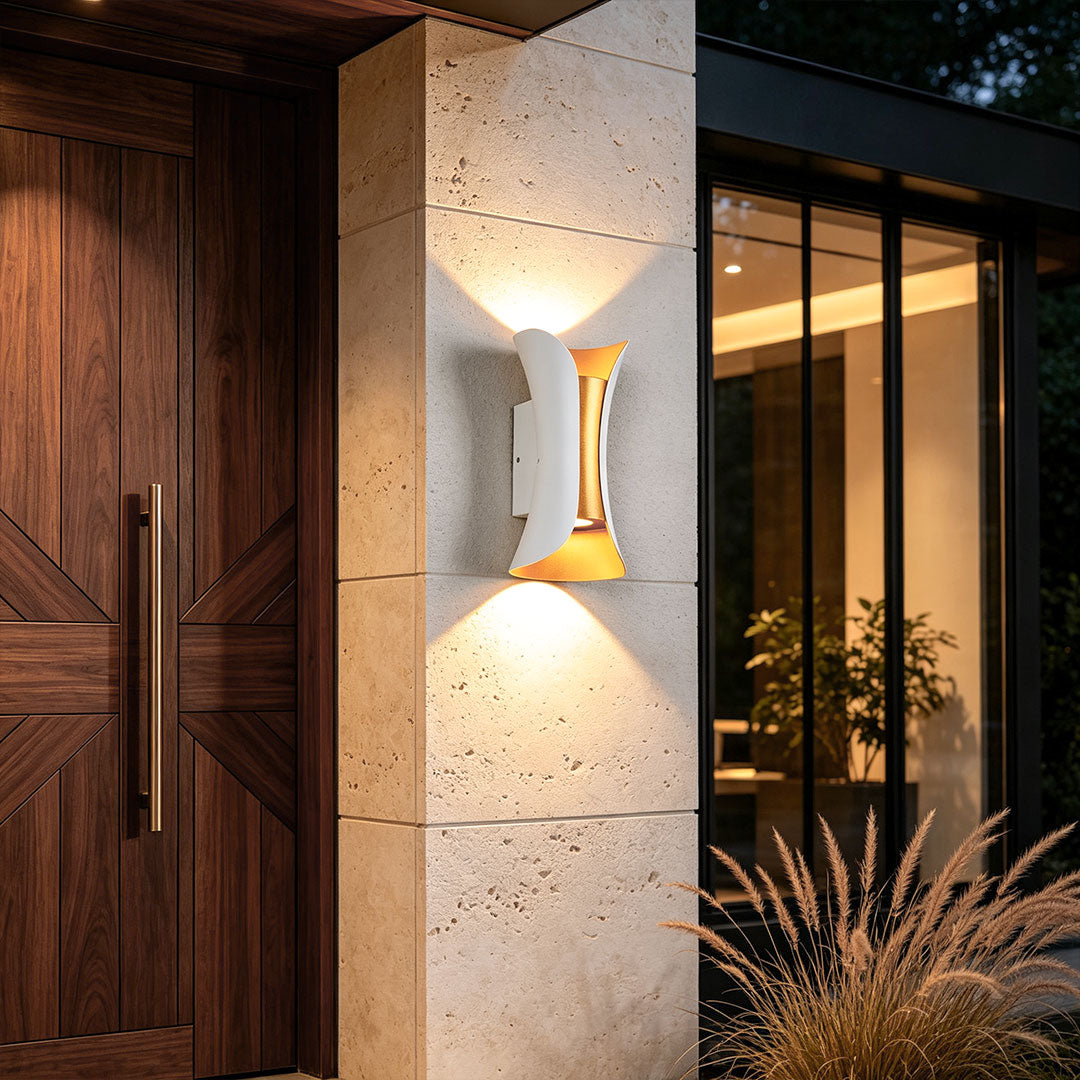 Up Down Outdoor Wall Light, Curved Aluminum LED Sconce for Porch, Patio and Facade, Waterproof with Motion-Sensing Option