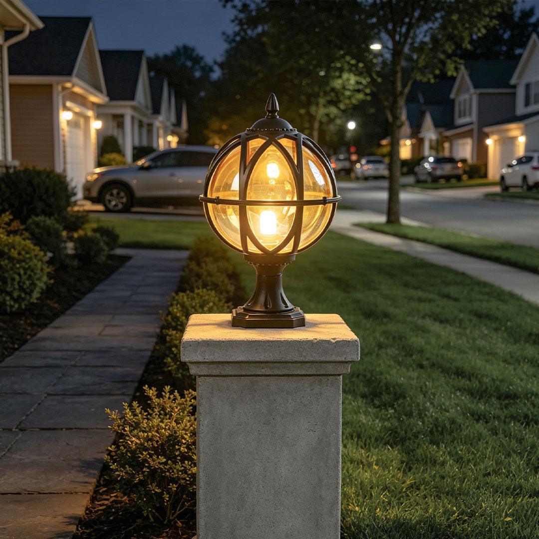 Globe Post Light, European Glass and Aluminum Waterproof Pillar Lantern for Gate Posts and Driveways, Black or Bronze Finish