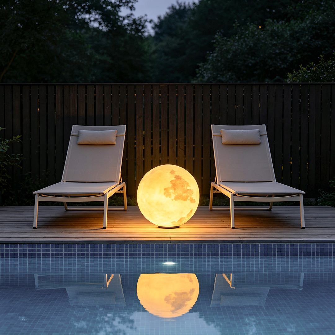 Textured resin moon sphere pillar light, main product view