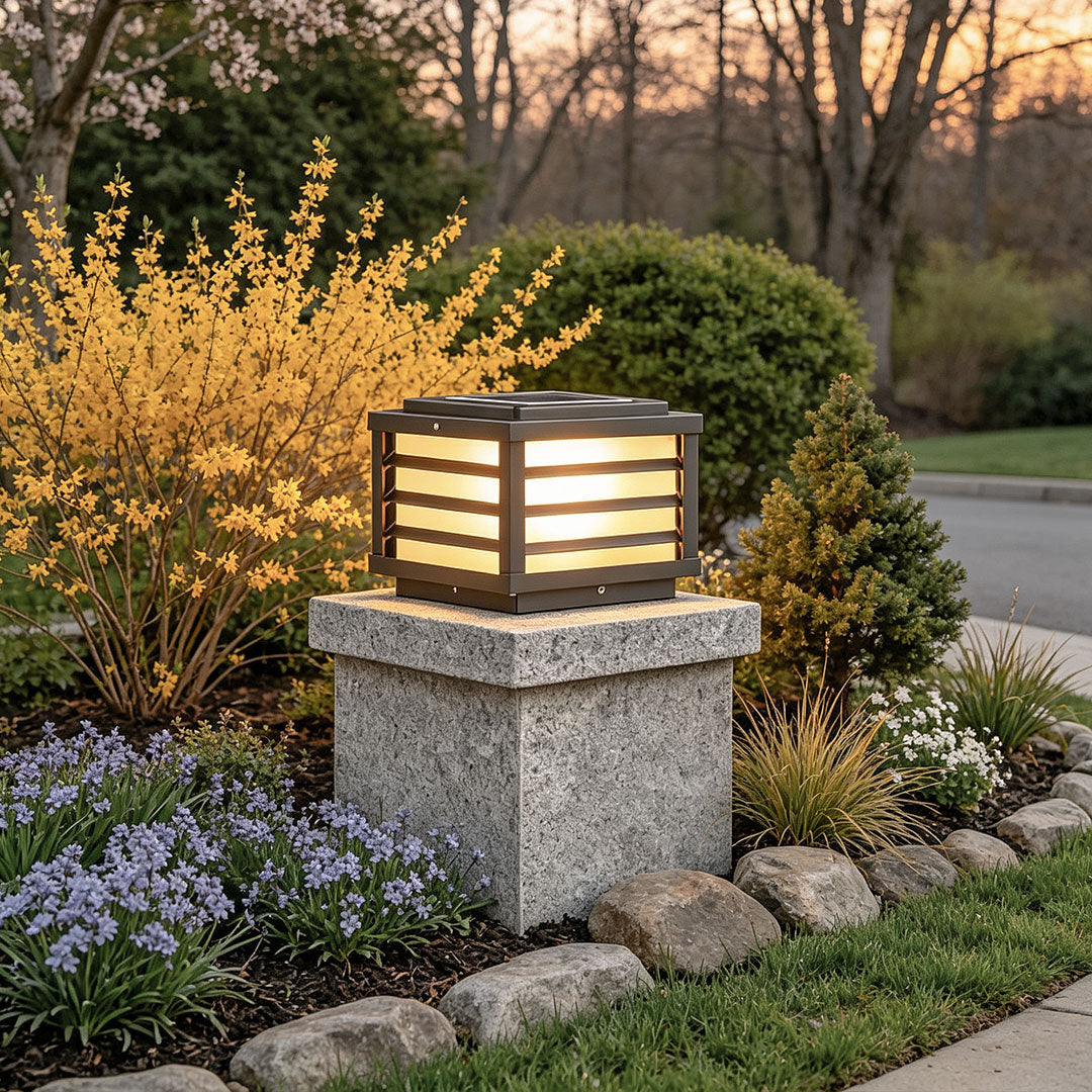 Black Gate Pillar Light, Square Grid LED Post Cap Lantern for Fences and Driveway Columns, Solar or Hardwired Power