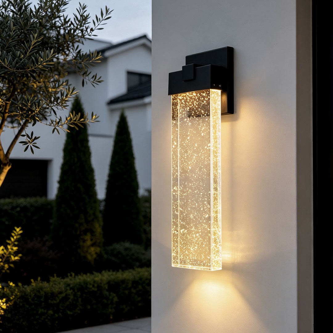 Seeded Crystal Outdoor Wall Light, Rectangular LED Sconce for Entryways and Facades, Die-Cast Aluminum with Bubble Glass Glow