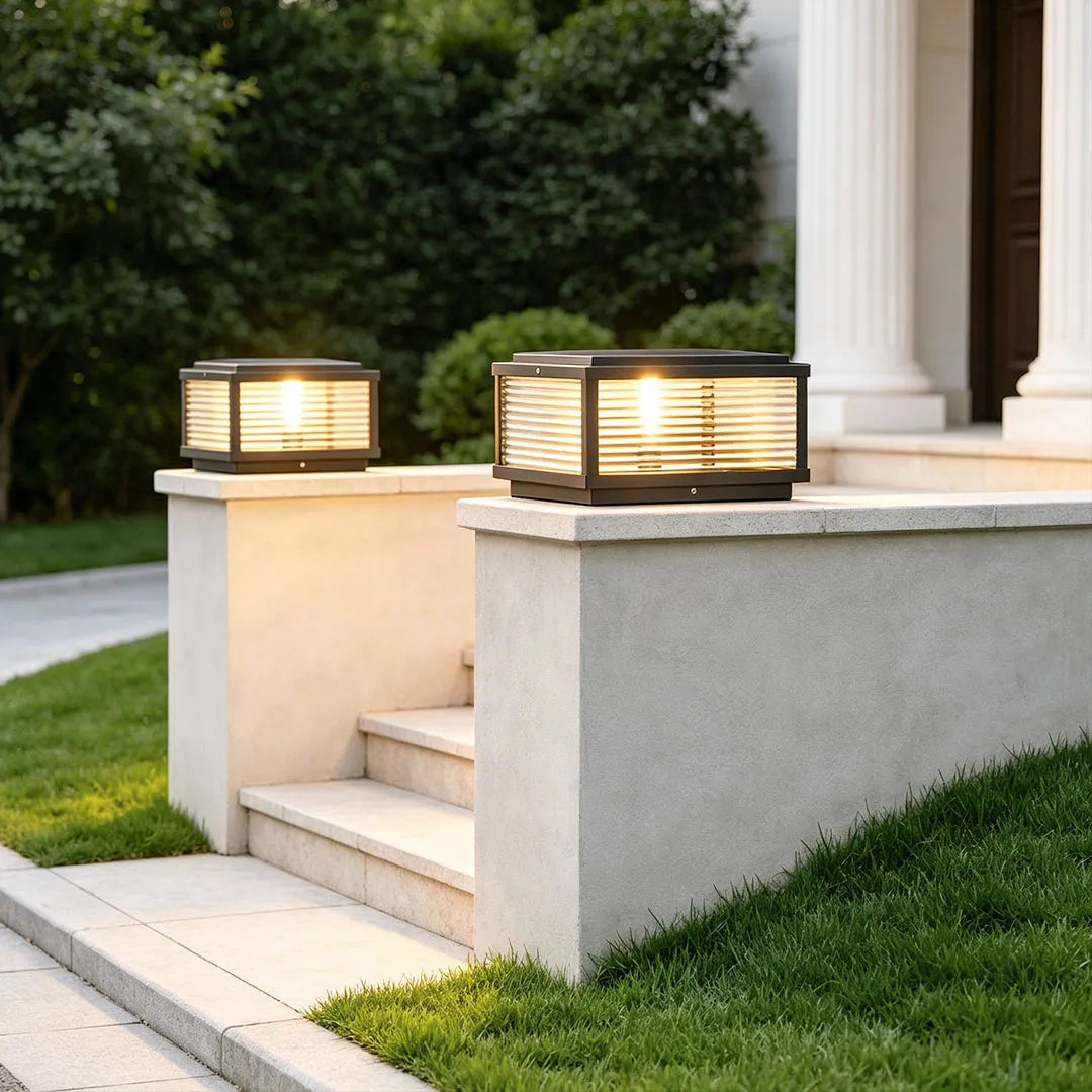 Square Pillar Post Light, Ribbed Glass and Stainless Steel Column Lantern for Gate Posts and Driveways, Solar or Hardwired